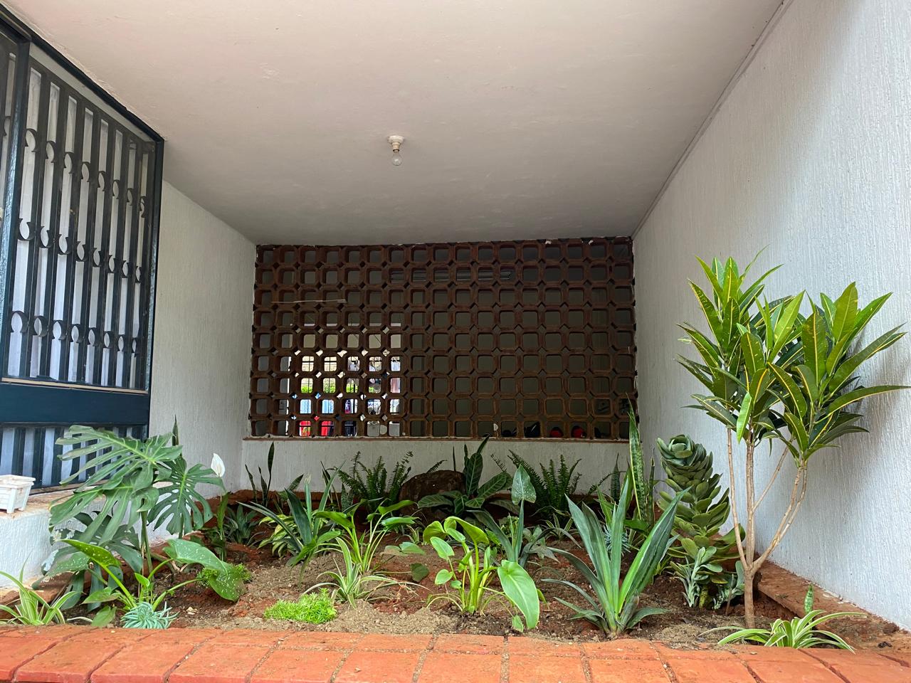 An elegantly designed small garden space in a residential garage, featuring a variety of potted plants and a decorative wall. 